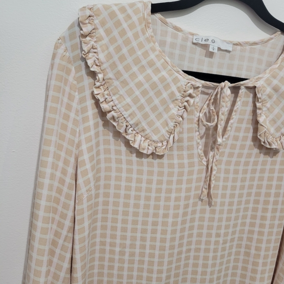 CLEO WOMEN PETER PAN COLLAR GINGHAM PULLOVER LONG SLEEVE BLOUSE - Picture 3 of 11